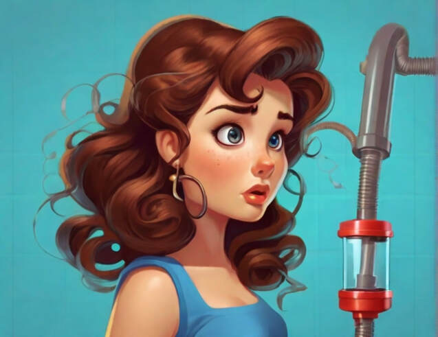 A cartoon woman looking puzzled with a pump