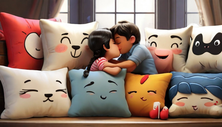 A man and woman kiss while surrounded by smiling pillows