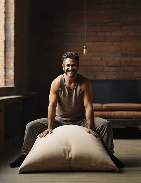 A man smiling while straddling a pillow