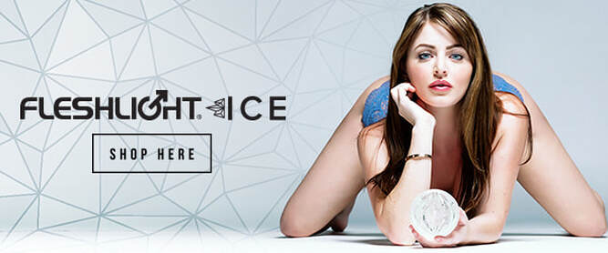 Model on her knees holding a Fleshlight Ice